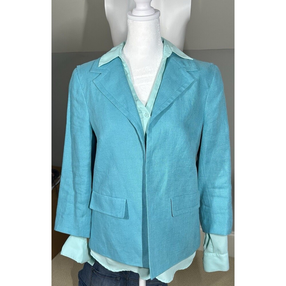 Talbots Women’s Linen Turquoise Open Front Blazer Jacket Size 6 Lined 3/4 Sleeve